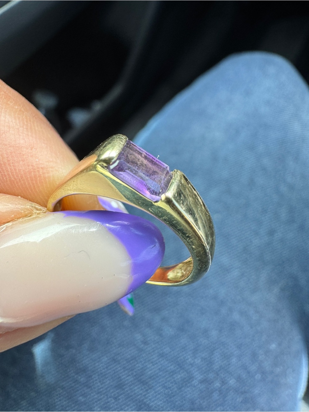 14K Solid Gold Ring with Rectangular Amethyst Gemstone - Women's Fashion Band